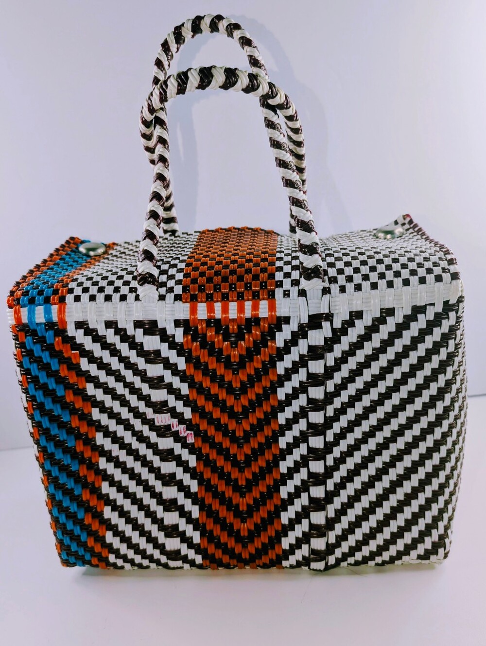 Handwoven Plastic Tote Bag Colorful Mexican Market Basket Artisan